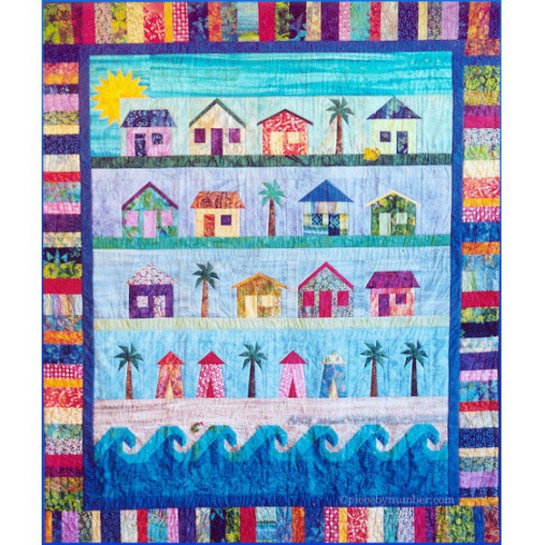 Beach Cottages paper piece quilt pattern PDF, 57 x 67 inch, foundation piecing, beach house cabin cabana seaside summer vacation ocean sea,