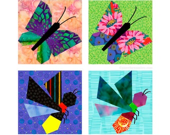 Butterfly and Firefly paper piecing quilt block patterns PDF, 6 & 12 inch, foundation pieced, lightning bug insect nature quilt kids garden