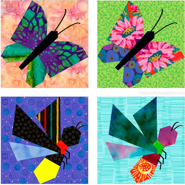 Butterfly and Firefly paper piecing quilt block patterns PDF, 6 & 12 inch, foundation pieced, lightning bug insect nature quilt kids garden