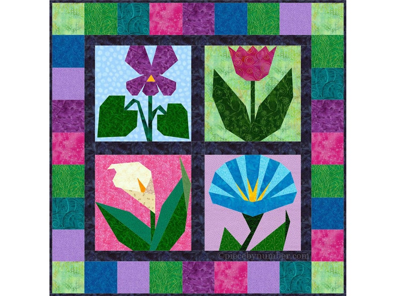 Set of 4 Paper Pieced Flower Quilt Block Patterns PDF, foundation piecing FPP, garden floral nature, botanical lap miniature throw quilt image 1