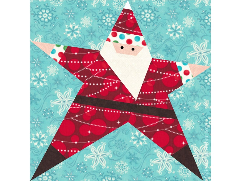 Santa Claus Star paper pieced quilt block pattern PDF download, 6 & 12 in, foundation piecing FPP, Saint Nick Christmas xmas holiday kids image 1
