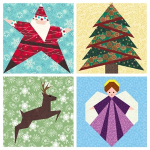 Christmas Quilt Block Pattern Pack for paper piecing PDF, 12 inch foundation piecing FPP, Santa star reindeer pine tree angel holiday xmas