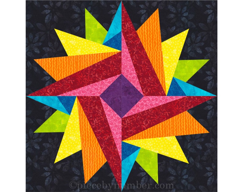 Indian Summer paper piece star quilt block pattern PDF download, 6 & 12 inch, God's Eye variation, easy FPP foundation piecing, geometric image 7