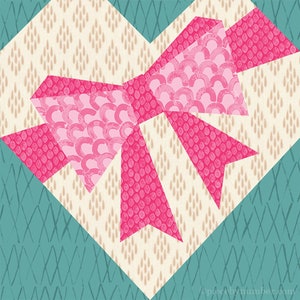 Bow-Tied Heart paper piece quilt block pattern PDF download, 6 & 12 inch, foundation piecing FPP, valentine baby wedding love anniversary