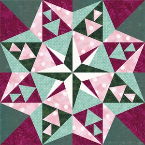 Julia's Star paper piecing quilt medallion block pattern PDF download, 12 & 24 inch, foundation piecing FPP, 8-pointed star, flying geese