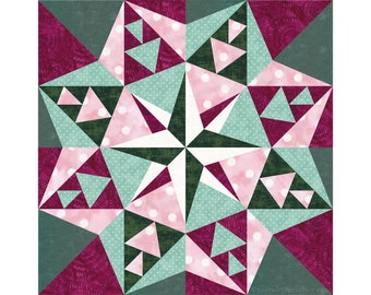 Julia's Star paper piecing quilt medallion block pattern PDF download, 12 & 24 inch, foundation piecing FPP, 8-pointed star, flying geese