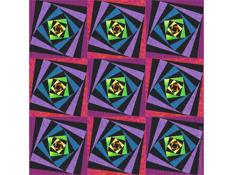 Mind's Eye paper pieced twisted log cabin quilt block pattern PDF download, 6 & 12 inch, foundation piecing FPP, modern geometric op art image 4