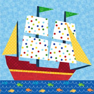 Sailing Ship paper piece quilt block pattern PDF download, 6 & 12 in, foundation piecing FPP, nautical marine boat pirate ship baby boy