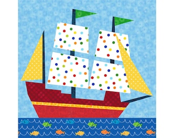 Sailing Ship paper piece quilt block pattern PDF download, 6 & 12 in, foundation piecing FPP, nautical marine boat pirate ship baby boy