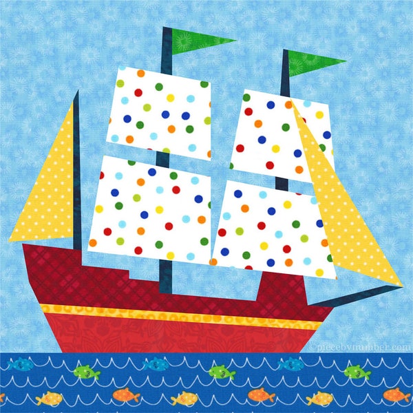 Voilier papier morceau quilt bloc modèle PDF télécharger, 6 & 12 po, fondation piecing FPP, bateau marin nautique bateau pirate bébé garçon