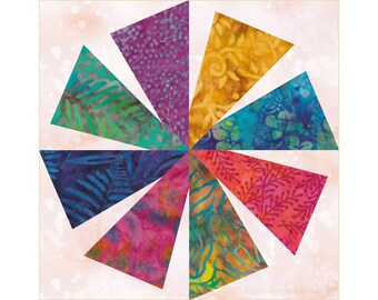 Swirligig paper pieced quilt block pattern PDF download, 6 inch & 12 inch, easy foundation piecing FPP, whirling star whirligig windmill