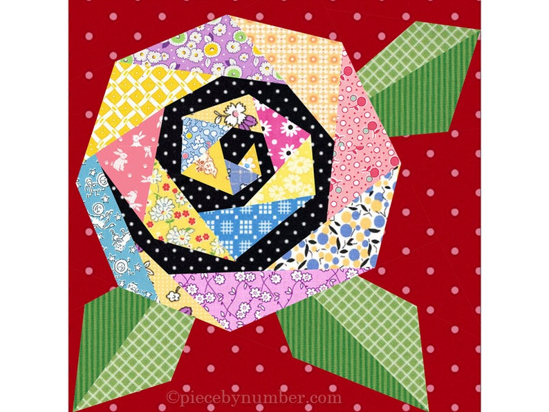 Rosie's Rose paper piecing quilt block pattern PDF download, 6 & 12 inch, spiral rose, botanical flower floral garden nature spring rosie's image 6