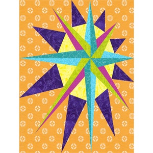 Retro Star paper piece quilt block pattern PDF, 9x12 inch, foundation piecing FPP, asymmetric Christmas xmas mariners compass star nova image 2