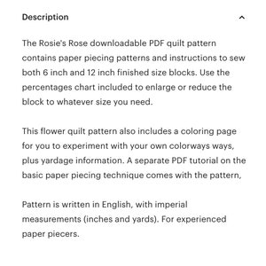 Rosie's Rose paper piecing quilt block pattern PDF download, 6 & 12 inch, spiral rose, botanical flower floral garden nature spring rosie's image 9