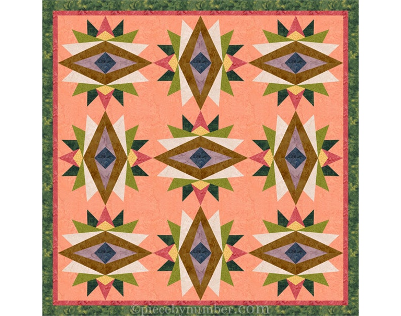 Indian Summer paper piece star quilt block pattern PDF download, 6 & 12 inch, God's Eye variation, easy FPP foundation piecing, geometric image 6