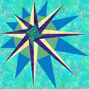 Supernova paper piece star quilt block pattern PDF, 12 inch, mariners compass, foundation piecing, Christmas Xmas radiant asymmetric star image 4