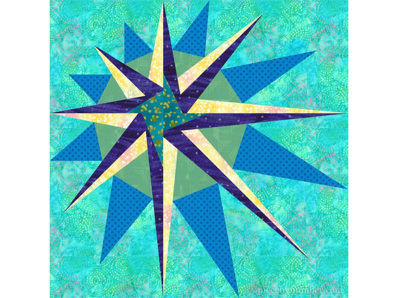 Supernova paper piece star quilt block pattern PDF, 12 inch, mariners compass, foundation piecing, Christmas Xmas radiant asymmetric star image 4