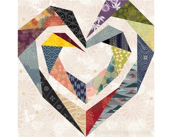 Twisting Spiral Heart morceau de papier quilt block modèle PDF, 6 & 12 pouces, fondation piecing FPP, mariage valentines bébé amour romantique