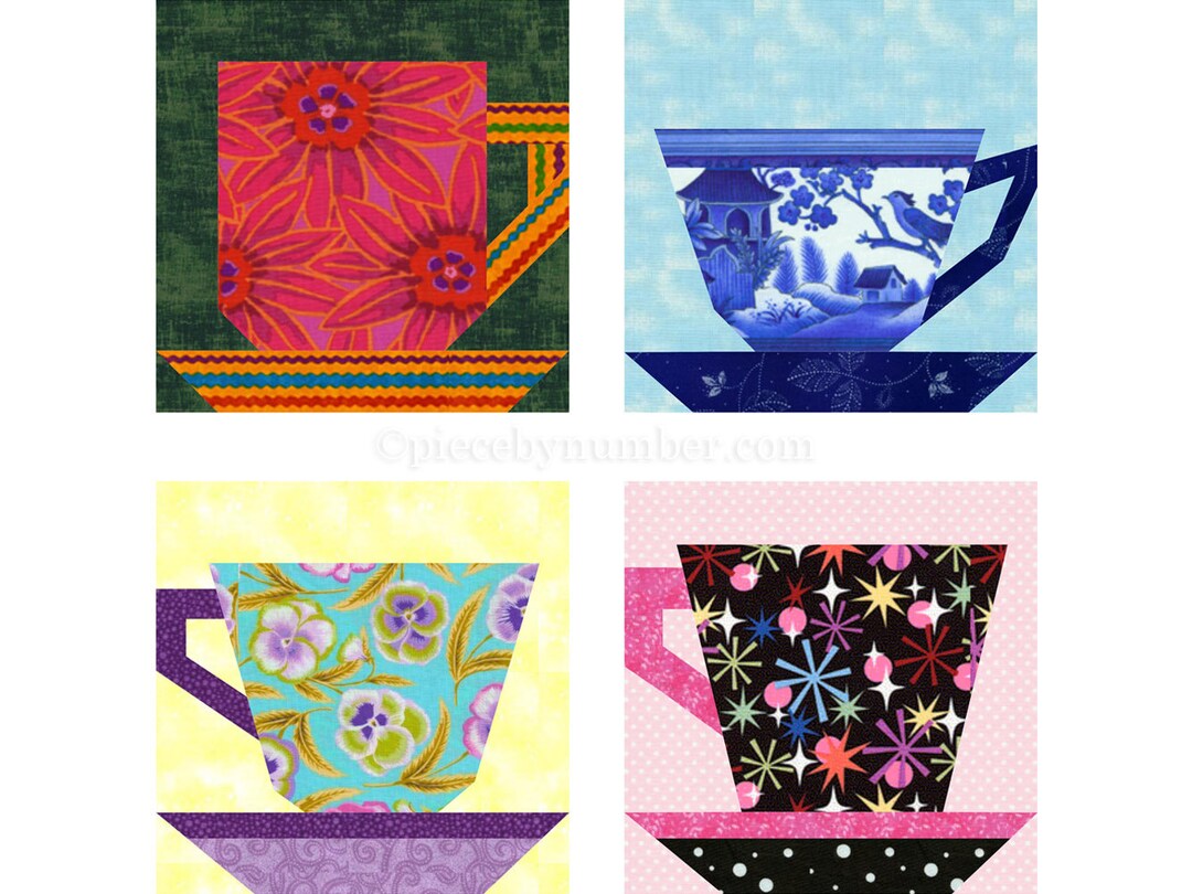 Tea and Coffee Cups Paper Piece Quilt Block Pattern PDF, 6 Inch