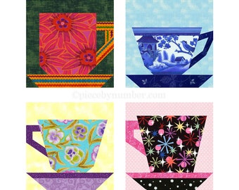 Tea and Coffee Cups paper piece quilt block pattern PDF, 6 inch, foundation piecing FPP, teacup coffee mug kitchen cafe Joe java