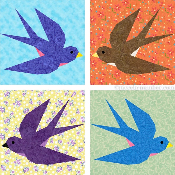 Swallow paper pieced quilt block pattern PDF download, 6 & 12 inch, foundation piecing FPP, flying bluebird swift martin bird animal nature