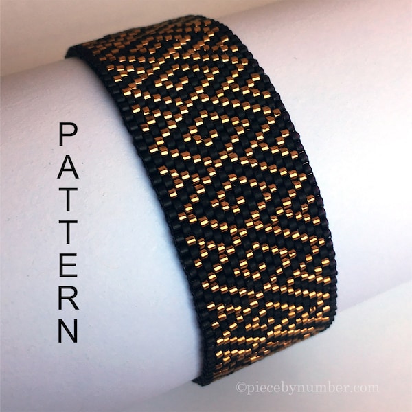 Spiral Brocade peyote stitch beadwork bracelet pattern PDF download, gourd stitch, geometric, Delica seed beads, greek key design