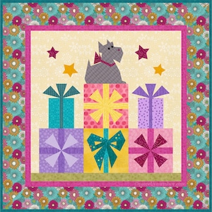 Gifts From The Heart paper pieced quilt pattern PDF, foundation piecing FPP, holiday Christmas xmas birthday, scottie fat cat presents,