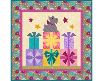 Gifts From The Heart papier motif de courtepointe en morceaux PDF, fondation piecing FPP, vacances Noël anniversaire de Noël, cadeaux de chat gras scottie,