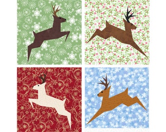 Modèle de bloc de courtepointe en papier de renne PDF télécharger, 6 et 12 pouces, assemblage de fondation FPP, vacances de Noël cerf cerf animal bois