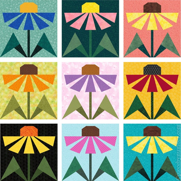 Black-eyed Susan paper piecing flower quilt block pattern, pdf download, 6 & 12 inch, foundation piecing FPP