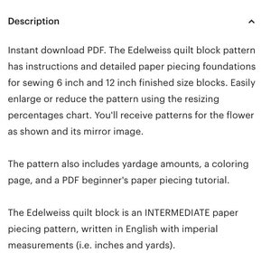 Edelweiss flower paper pieced quilt block pattern PDF download, 6 and 12 inch, foundation piecing FPP, botanical garden alpine Switzerland image 9