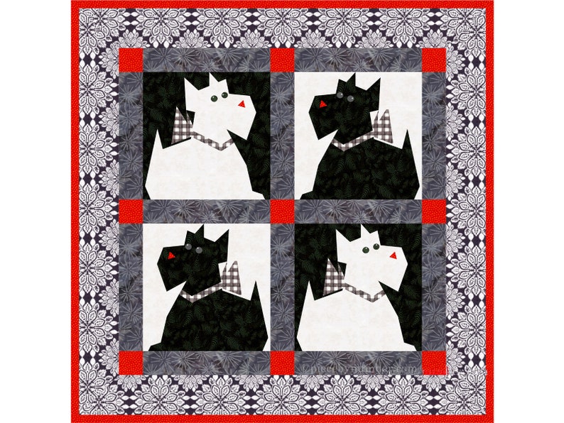 Scottie Dog paper piece quilt block pattern PDF download, 8 & 12 inch, foundation piecing FPP, scotty westie terrier doggie animal puppy image 2