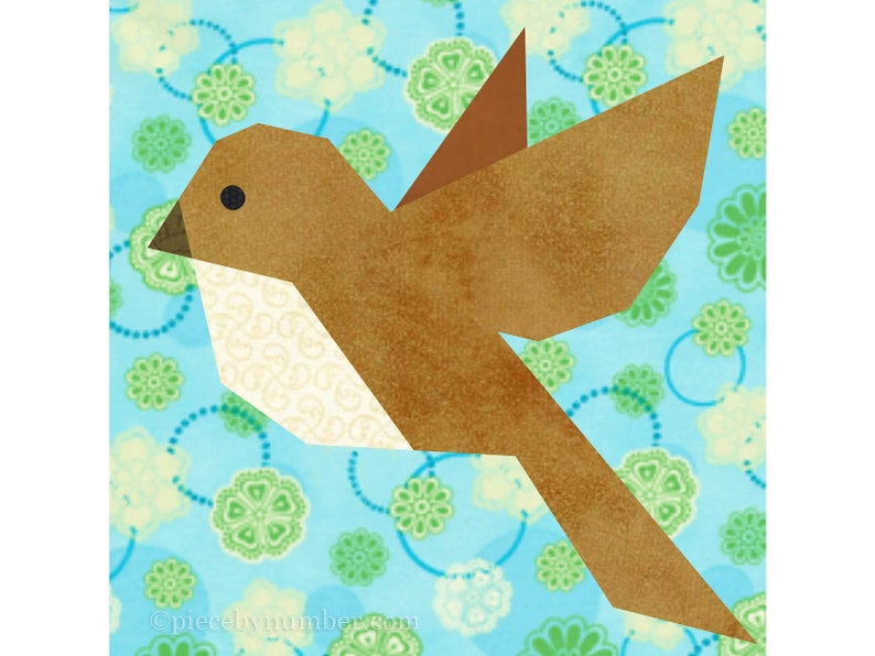 Bluebird paper piece quilt block pattern PDF download, 6 & 12 inch, easy foundation piecing FPP, flying robin redbreast bird wren animal image 6