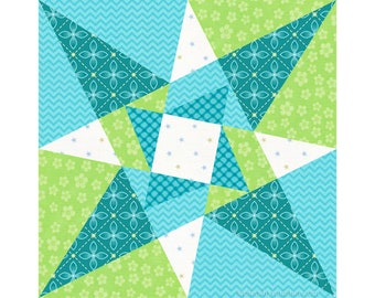 Counterpoint Star paper pieced quilt block pattern PDF download, 6 & 12 inch, foundation piecing FPP, asymmetric wonky geometric modern