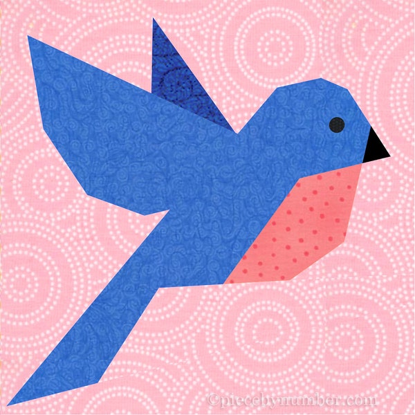 Bluebird paper piece quilt block pattern PDF download, 6 & 12 inch, easy foundation piecing FPP, flying robin redbreast bird wren animal