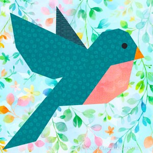 Bluebird paper piece quilt block pattern PDF download, 6 & 12 inch, easy foundation piecing FPP, flying robin redbreast bird wren animal image 7