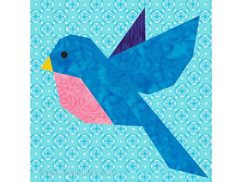 Bluebird paper piece quilt block pattern PDF download, 6 & 12 inch, easy foundation piecing FPP, flying robin redbreast bird wren animal image 4