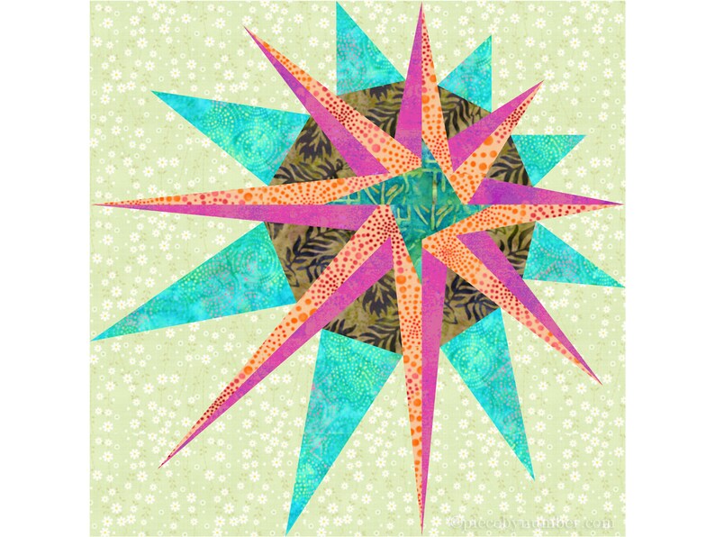 Supernova paper piece star quilt block pattern PDF, 12 inch, mariners compass, foundation piecing, Christmas Xmas radiant asymmetric star image 2