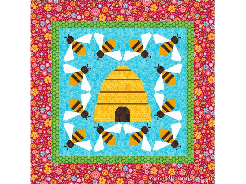 Honey Bee paper pieced quilt block pattern PDF download, 3 6 & 12 inch, foundation piecing FPP, bumblebee garden honeybee insect bug image 1