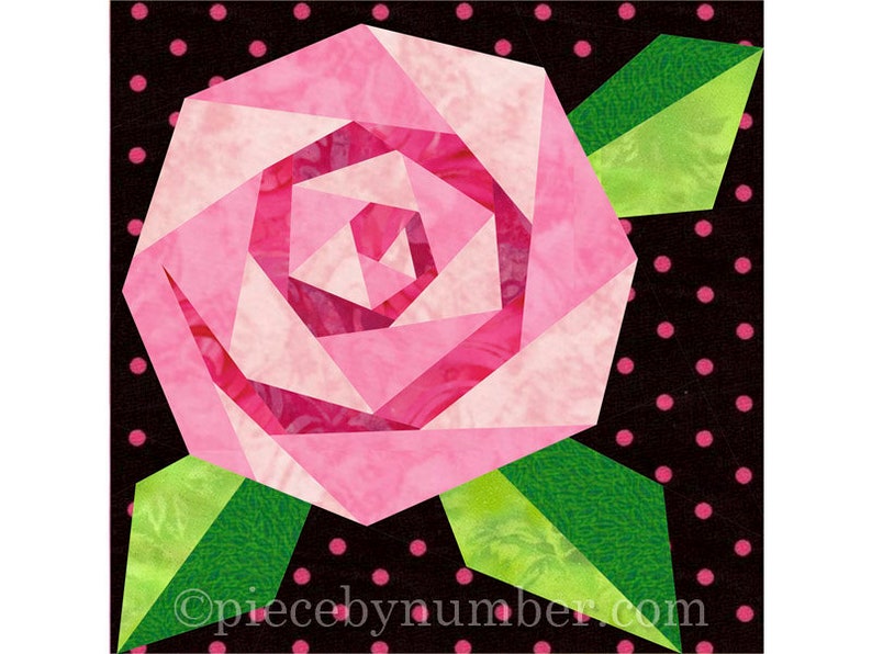 Square quilt design of a stylized rose bloom formed of two nested spirals, each in two coordinating colors. Three leaf shapes highlight the rose blossom. Product is a quilt pattern for the paper piecing technique.