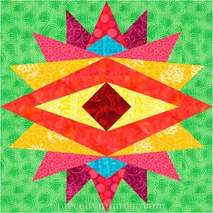 Indian Summer paper piece star quilt block pattern PDF download, 6 & 12 inch, God's Eye variation, easy FPP foundation piecing, geometric image 5