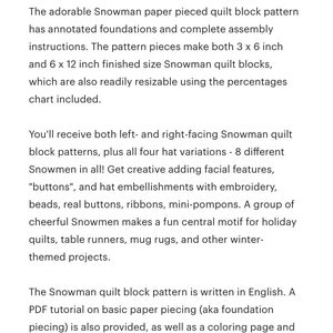 Snowman paper pieced quilt block pattern PDF, 6 x 12 inch, winter holiday Christmas xmas noel, mug rug, foundation piecing FPP imagem 7