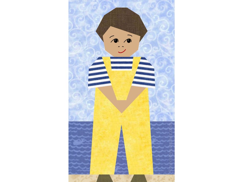 Alexander little boy quilt block pattern for paper piecing PDF download, 12 x 7 inch, foundation piece FPP, kids baby child people figure image 1
