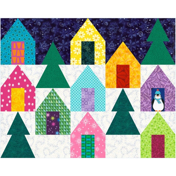 Cozy Cabins paper piecing quilt block pattern PDF, 8 x 10 inch, house home cottages vacation rustic cottagecore, foundation FPP