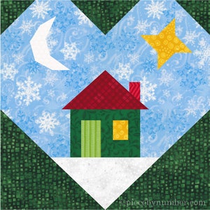 Heart and Home paper pieced quilt block pattern PDF download, 6 & 12 inch, easy foundation piecing FPP, cottage under moon and star