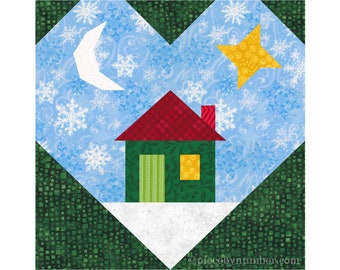 Heart and Home paper pieced quilt block pattern PDF download, 6 & 12 inch, easy foundation piecing FPP, cottage under moon and star