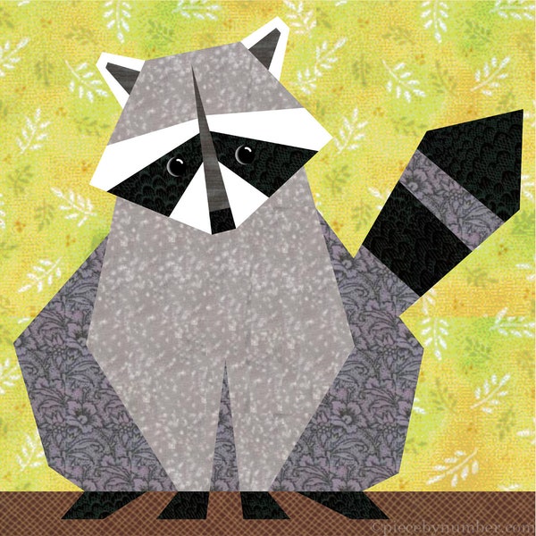 Raccoon paper piece quilt block pattern PDF download, 6 & 12 inch, foundation piecing FPP, cute woodland animal kids baby nursery decor