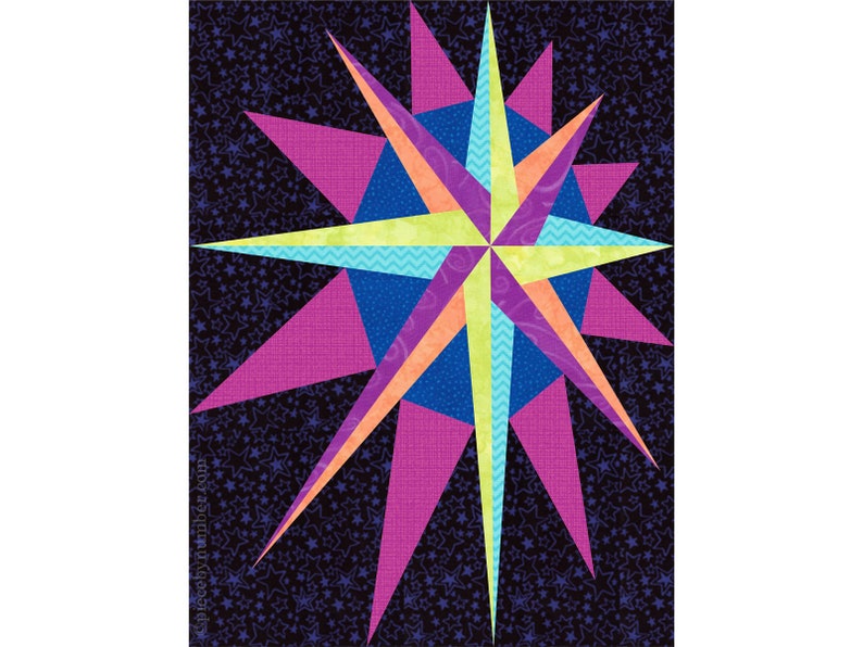 Retro Star paper piece quilt block pattern PDF, 9x12 inch, foundation piecing FPP, asymmetric Christmas xmas mariners compass star nova image 3