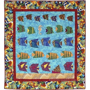 Schools of Scrappy Fish Quilt Pattern paper piece PDF download, 49 x 54 inch, throw quilt patterns, animal fish ocean seahorse shell