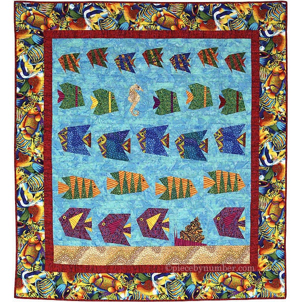 Schools of Scrappy Fish Quilt Pattern paper piece PDF download, 49 x 54 inch, throw quilt patterns, animal fish ocean seahorse shell